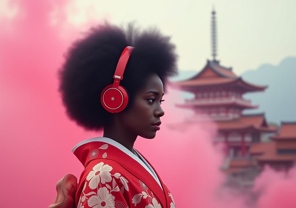  black afro geisha wearing headphones | pink smoke background | stock photo | uhd; cross processing | colorized | japanese house in the background