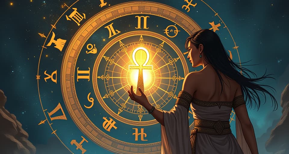  celestial wheel of zodiac signs spinning in the cosmos, glowing ankh at the center, large busted priestess in tight robes reaching towards it, representing divine destiny. the style is digital art illustration / modern comic book / mysterious occult, symbolic, esoteric vibe,high detail on character design, incorporating ancient egyptian symbology and attire.