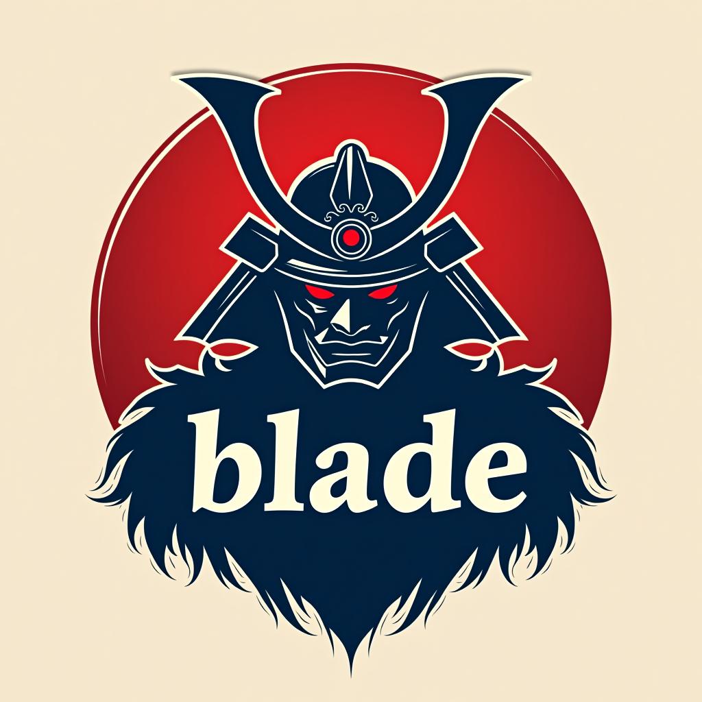  design a logo, emblem logo, with the written text ‘blade’, samurai theme, red and blue.