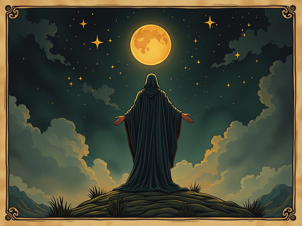  figure standing firm, stars twinkling in the dark sky, glimmer of pride and resolve, shadows retreating, impactful. an illustration in the style of a worn, mystical old tarot trump card, mysterious and elements of surrealism. the colors are muted, somber and eerie, but with contrast bring out an occult and esoteric vibe.