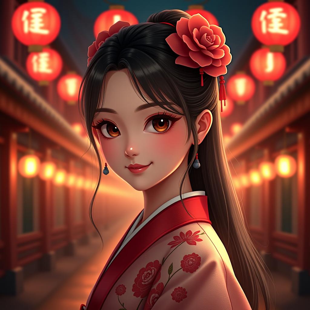  high definition portrait of a young woman with delicate features. she has large, expressive eyes, a soft smile, and long, wavy hair adorned with red floral accessories. she is wearing a traditional red and white hanfu with intricate embroidery. the background is a festive night scene filled with glowing red lanterns, which cast a warm, ambient light that softly illuminates her face and creates a magical atmosphere. the setting is an ancient japanese street with traditional architecture, and the characters for 'happiness' and 'prosperity' are subtly integrated into the signage on the buildings. the portrait exudes a sense of elegance, cultural richness, and a celebratory mood, award winning, professional, highly detailed, masterpiece