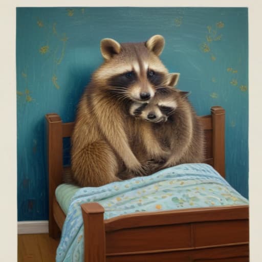 Two loved up raccoons in a bed room in Van Gogh style