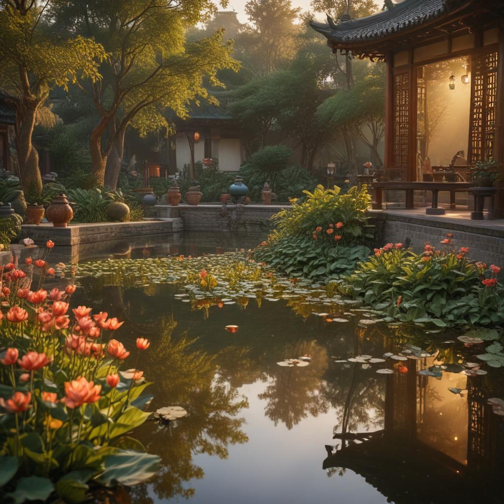 ((masterpiece)),(((best quality))), 8k, high detailed, ultra detailed,Yingge Ceramics Museum at sunset, a serene garden with ceramic lanterns, a display of traditional teapots, a reflection pool with floating ceramic lotus flowers, warm golden light hyperrealistic, full body, detailed clothing, highly detailed, cinematic lighting, stunningly beautiful, intricate, sharp focus, f/1. 8, 85mm, (centered image composition), (professionally color graded), ((bright soft diffused light)), volumetric fog, trending on instagram, trending on tumblr, HDR 4K, 8K