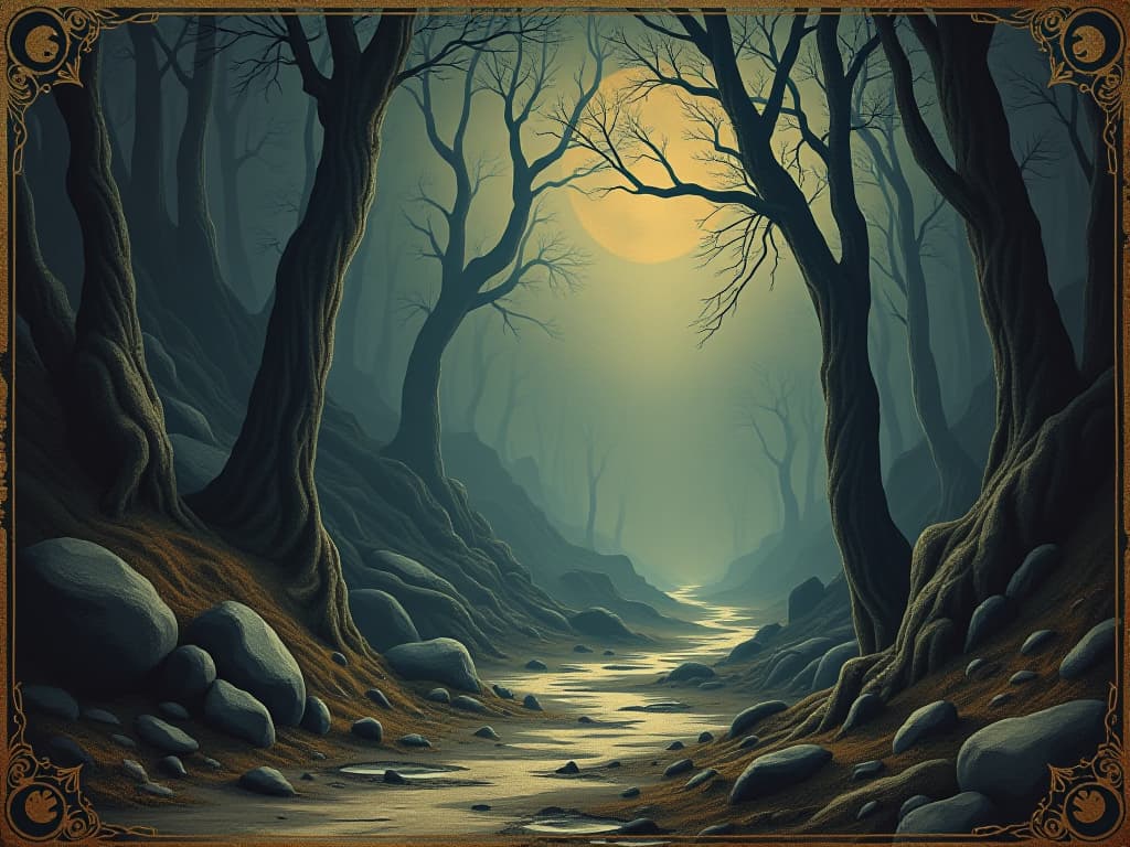  veil of the mundane lifted, ethereal landscape emerging, hidden paths becoming visible, dreamlike and mystical, ethereal unveiling. an illustration in the style of a worn, mystical old tarot trump card, mysterious and elements of surrealism. the colors are muted, somber and eerie, but with contrast bring out an occult and esoteric vibe.