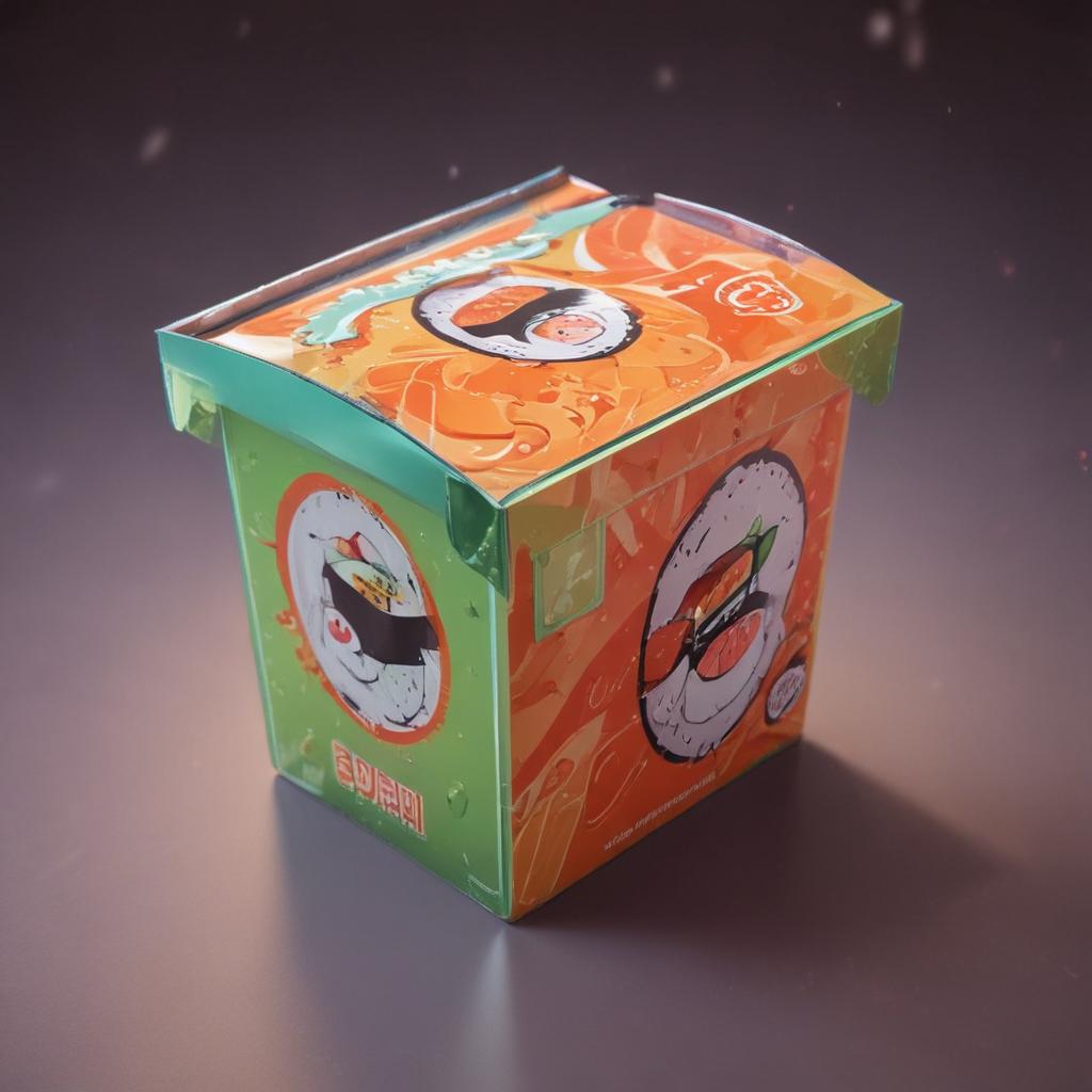 distance-shot, flashy, full-body, dynamic, holographic, animated cartoon poster of a take-out box of sushi in the style of dragon ball super