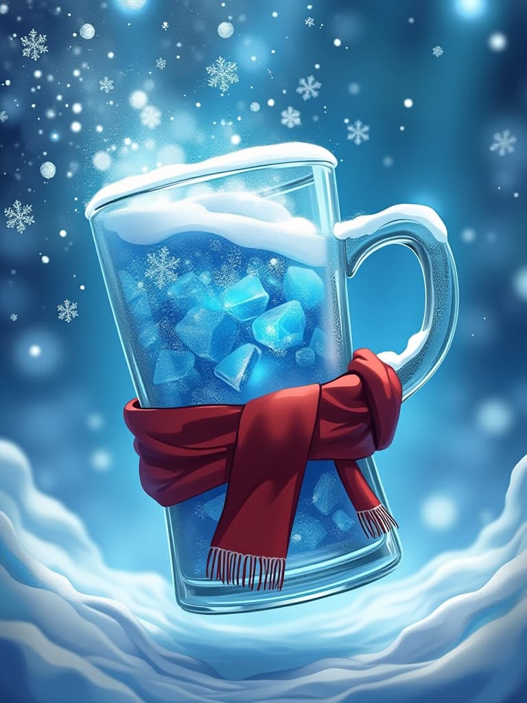  a fantasy style tilted glass mug featuring winter theme with snow in it. all the contents of the glass are pouring like water. details. colorful with brilliant blue background. suspended in space. sparkling and beautiful snowflakes like a wreath. a red scarf is wrapped around the handle of the glass. pieces of ice in glass. cartoon. studio ghibli anime. 1:1 size for profile. firooze hyperrealistic, full body, detailed clothing, highly detailed, cinematic lighting, stunningly beautiful, intricate, sharp focus, f/1. 8, 85mm, (centered image composition), (professionally color graded), ((bright soft diffused light)), volumetric fog, trending on instagram, trending on tumblr, HDR 4K, 8K