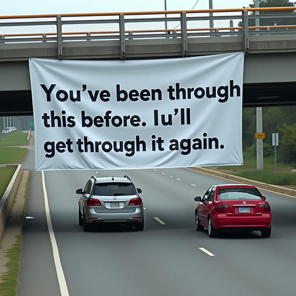  the image shows a large white banner hanging from a pedestrian bridge over a road. the banner has a message written in bold, black, uppercase letters, which reads: "you've been through this before. you'll get through it again." the banner is suspended directly above a lane of traffic. below the bridge, you can see cars driving on the road—two of which are more prominently visible: a red car on the right and a silver or grey car on the left. the road appears to be a multi lane street, likely in an urban area, with a concrete barrier and some grass visible on the left side of the image.