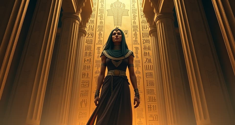  a figure standing in a temple, relief on their face, hieroglyphs symbolizing burden and betrayal fading into the walls, symbolizing lifted pain.. the style is digital art illustration / modern comic book / mysterious occult, symbolic, esoteric vibe,high detail on character design, incorporating ancient egyptian symbology and attire.