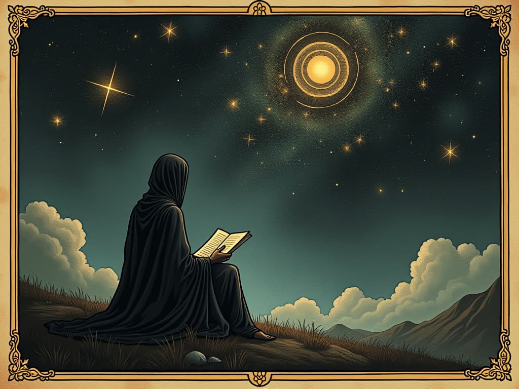  a figure sharing a story beneath a cosmic sky, star patterns forming around them, sincere, devoted. an illustration in the style of a worn, mystical old tarot trump card, mysterious and elements of surrealism. the colors are muted, somber and eerie, but with contrast bring out an occult and esoteric vibe.