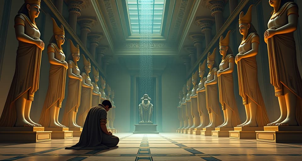  a grand hall filled with statues of gods, a kneeling figure in tattered robes, head lowered, ignoring the symphony of advice emanating from the statues.. the style is digital art illustration / modern comic book / mysterious occult, symbolic, esoteric vibe,high detail on character design, incorporating ancient egyptian symbology and attire.