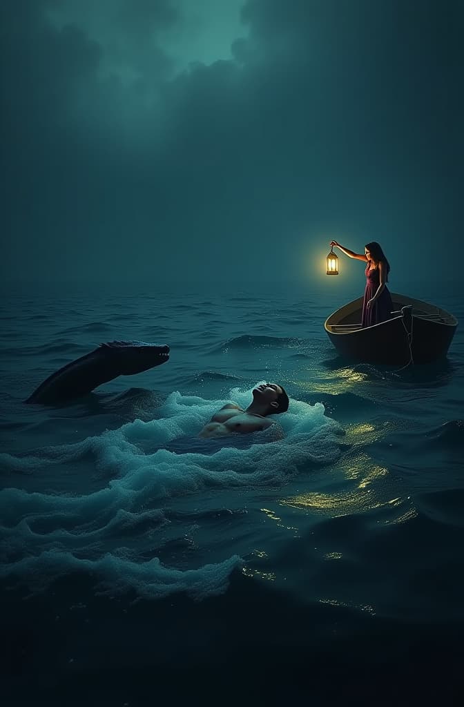  in a stormy and black sea, a man is drowning during the night. next to him, a sea serpent is visible in the water, and a mermaid from the depths is pulling him down. on the right side of the scene, a boat appears with a young woman holding a lantern in her hands, illuminating the boat. the girl is telling the man to save himself by getting into the boat hyperrealistic, full body, detailed clothing, highly detailed, cinematic lighting, stunningly beautiful, intricate, sharp focus, f/1. 8, 85mm, (centered image composition), (professionally color graded), ((bright soft diffused light)), volumetric fog, trending on instagram, trending on tumblr, HDR 4K, 8K