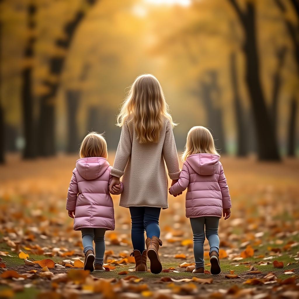  a blonde girl is standing with her back to us, holding the hands of three children. they are walking in an autumn park.