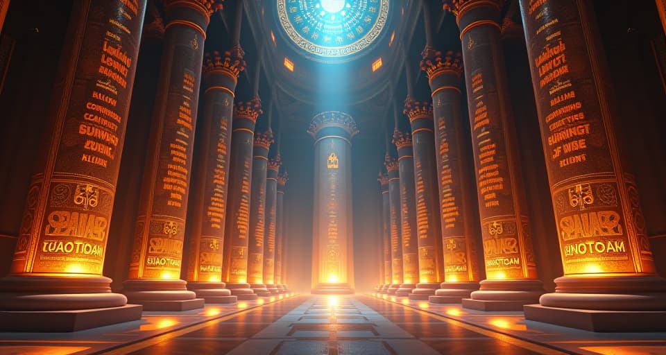  a grand hall with towering pillars covered in glowing inscriptions, a flowing tapestry of time revealed. eternal flow, limitless insight, historical reverence.. the style is digital art illustration,highly detailed, whimsical,magical, dreamlike atmosphere, realism and fantasy blend, smooth, glossy textures,luminous quality, wonder and enchantment.