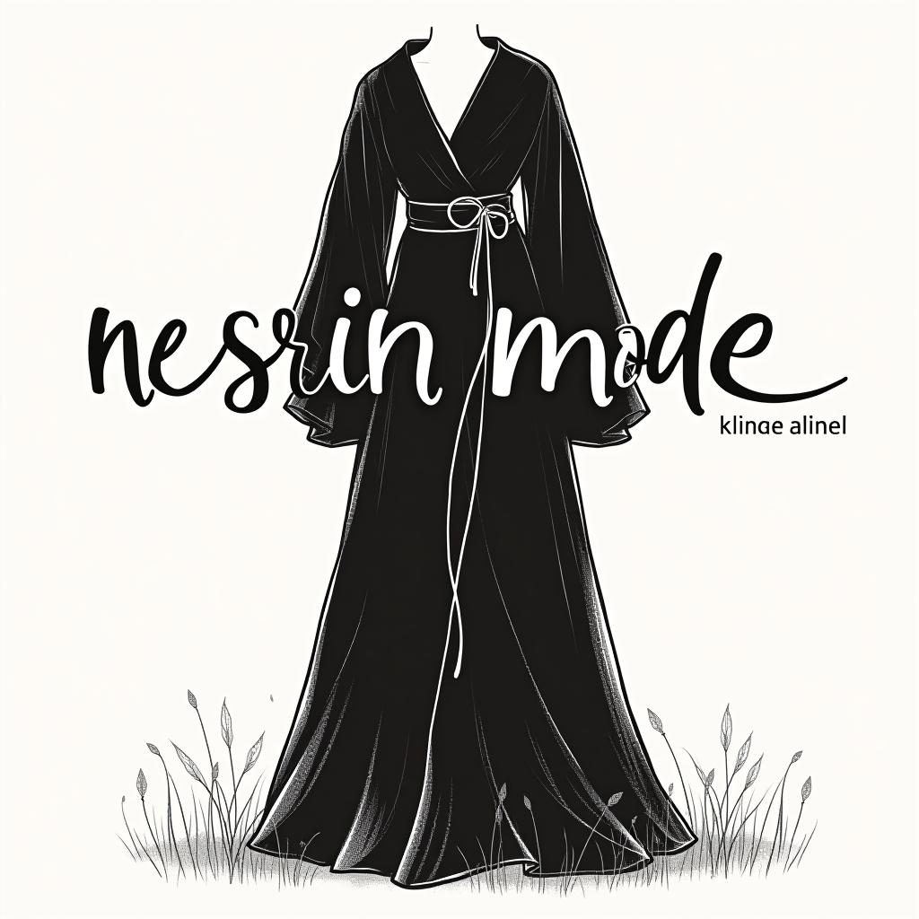  design a logo, in a threedrender style. nesrin mode hintergrund schwarz schrift weiß schreibschrift neben ein gezeichnetes langes kleid , with the text 'nesrin mode '.