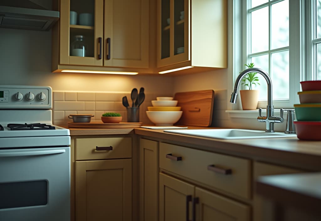  a landscape photo of a kitchen corner with a lazy susan cabinet, over the sink cutting board, and stackable containers, viewed from a dramatic low angle hyperrealistic, full body, detailed clothing, highly detailed, cinematic lighting, stunningly beautiful, intricate, sharp focus, f/1. 8, 85mm, (centered image composition), (professionally color graded), ((bright soft diffused light)), volumetric fog, trending on instagram, trending on tumblr, HDR 4K, 8K