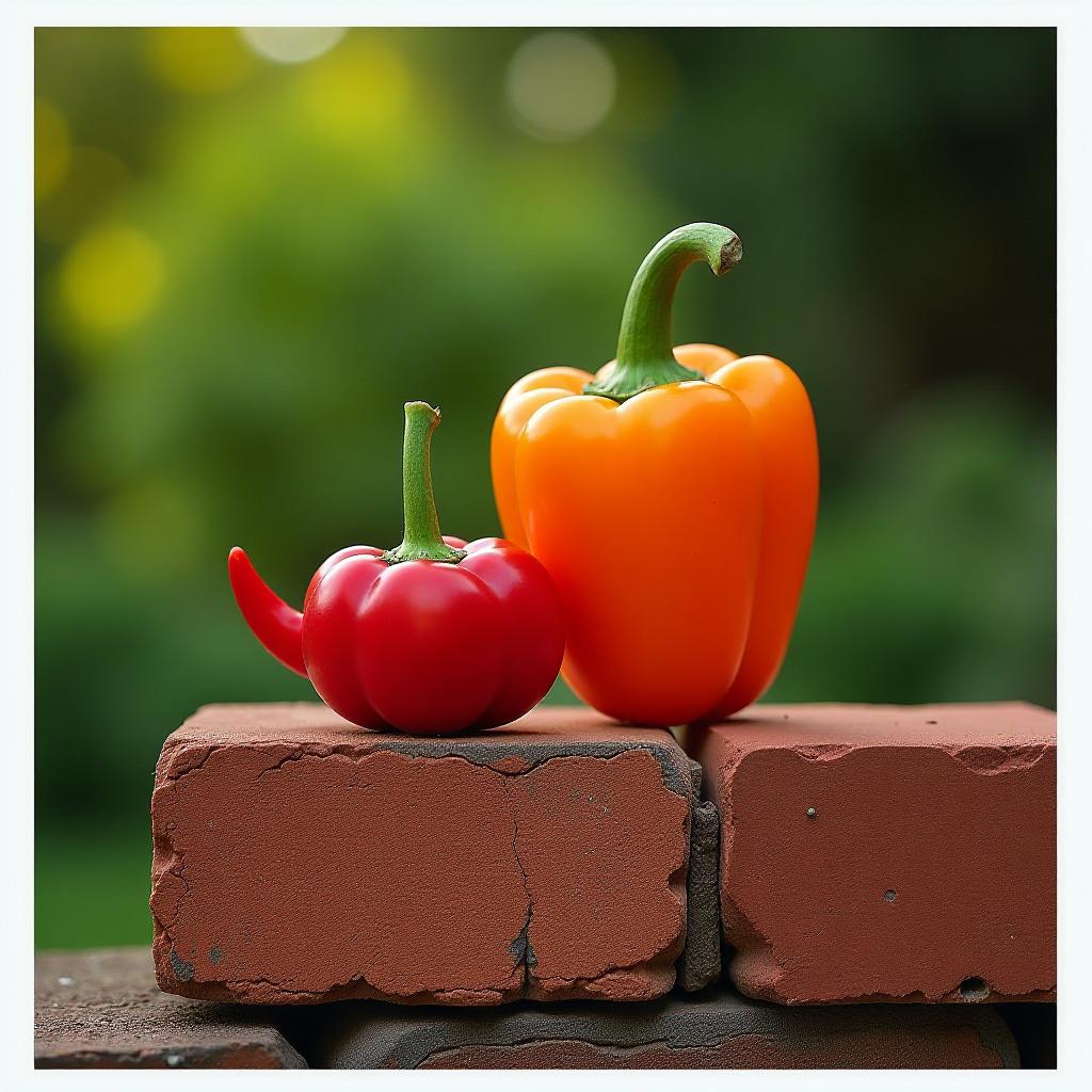  create a collage style image featuring a pepper and brick, viewed from a rear three quarter angle. the pepper, vibrant and fresh, is placed next to a weathered brick, symbolizing the contrast between nature and man made materials. the scene should evoke a sense of harmony between organic shapes and structured forms, showcasing how they coexist. incorporate textures that highlight the smooth skin of the pepper and the rough surface of the brick, providing a tactile quality. the background should subtly blend elements of garden and urban settings, reflecting the interplay between natural growth and architectural stability.