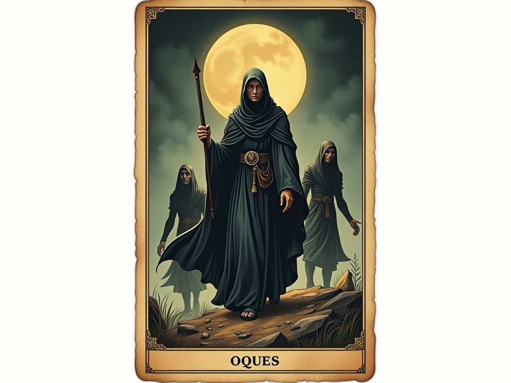  solitary figure on quest, determined expression, supportive spirits or guides, lone yet emboldened. an illustration in the style of a worn, mystical old tarot trump card, mysterious and elements of surrealism. the colors are muted, somber and eerie, but with contrast bring out an occult and esoteric vibe.