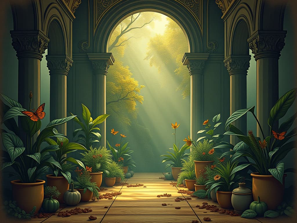  room filled with flourishing plants, light and shadow interplay, sense of ancient wisdom and divinity, connection to earth energy, spiritual atmosphere. an illustration in the style of a worn, mystical old tarot trump card, mysterious and elements of surrealism. the colors are muted, somber and eerie, but with contrast bring out an occult and esoteric vibe.