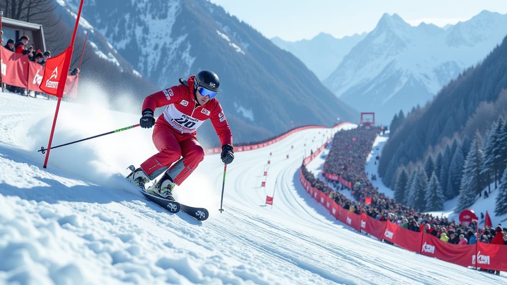  create an ultra realistic image capturing the essence of the hahnenkamm race 2024 in kitzbühel, showcasing the legendary streif course. the composition should depict skilled skiers navigating steep slopes, jumps, and tricky turns, pushing the limits of their abilities. include a detailed crowd of thousands cheering in the background, capturing the intense atmosphere of the event. ensure prominent brand logos of sponsors and the ski world cup, with vibrant colors and light filled details to high