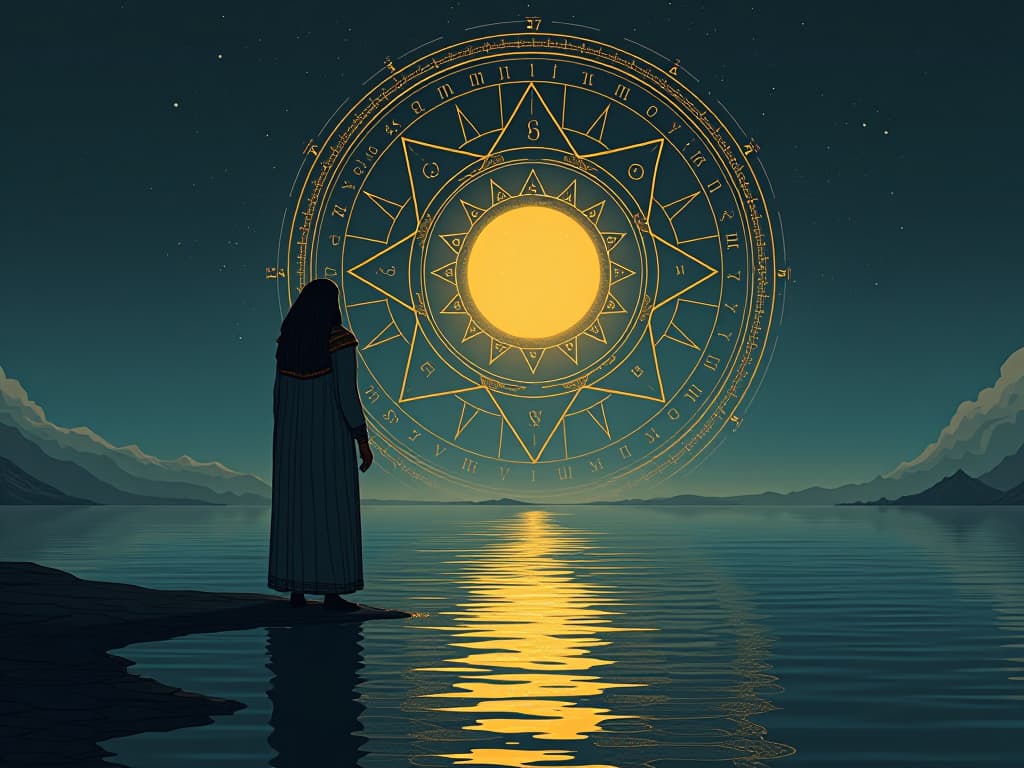  mathematical symbols illuminating the night sky, reflecting on a serene water surface, symbolizing ramanujan's legacy, mood of transcendent understanding. the style is digital art illustration / modern comic book / mysterious occult, symbolic, esoteric vibe,high detail on character design, incorporating ancient egyptian symbology and attire.