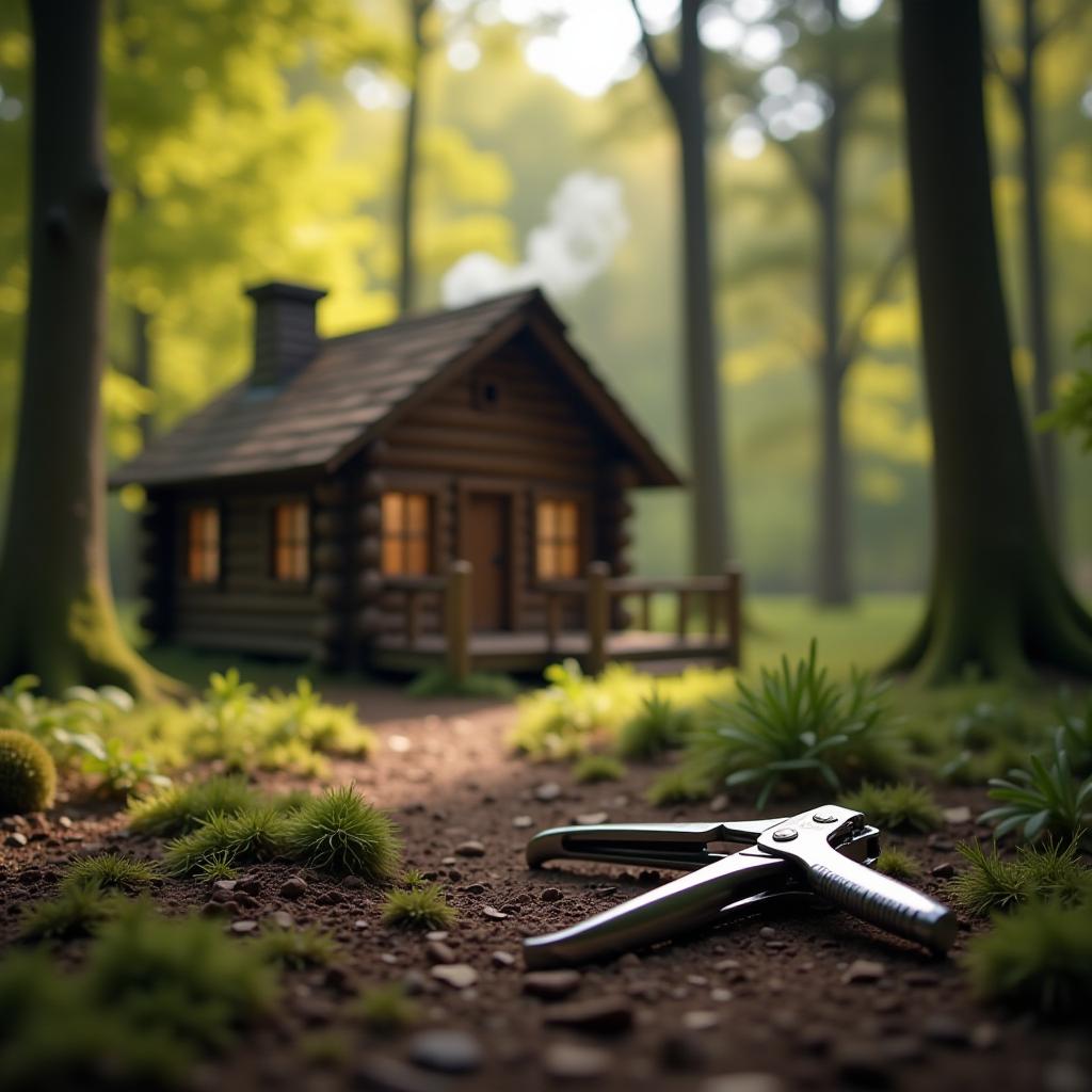  create an imaginative scene featuring a cozy log cabin nestled in a serene forest. this cabin should have rustic charm, with wooden logs and a smoke curling from the chimney. in the foreground, place a pair of shiny nail clippers, slightly out of focus, hinting at a story or daily activity. the background should showcase blurred trees, creating a dreamy atmosphere with soft, dappled sunlight filtering through the leaves. the scene conveys a sense of tranquility and everyday life intersecting with nature.