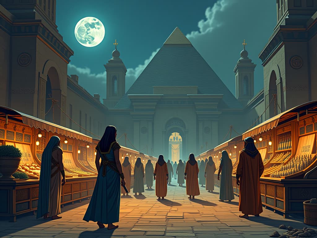  a futuristic egyptian bazaar, merchants in ancient attire showcasing inventions amidst traditional wares under a full moon, energy of disruption and innovation across the scene. the style is digital art illustration / modern comic book / mysterious occult, symbolic, esoteric vibe,high detail on character design, incorporating ancient egyptian symbology and attire.