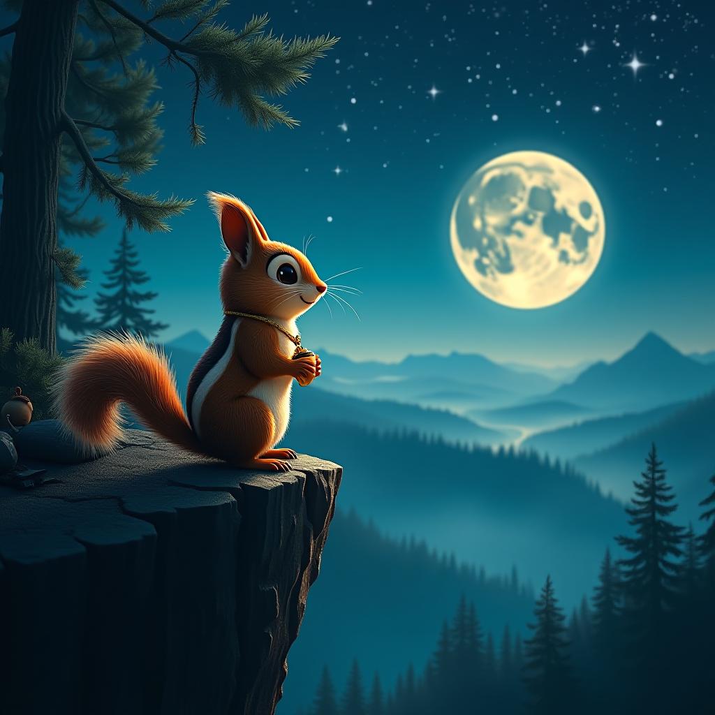  create a high quality, photorealistic image that vividly depicts the following scene: under a blanket of twinkling stars, a diminutive squirrel named nutty embarks on an adventure, resolute determination in his sparkling eyes. his fur shimmering under the ethereal moonlight, nutty perches at the edge of a towering forest cliff, golden acorn pendant gleaming around his neck, signifying his mission. the vast forest lies beneath him, illuminated by the soft glow of the moon. his tiny frame is silhouetted against the backdrop of an enchanting night sky, rendering a captivating visual of courage and hope set in an enchanting dreamlike landscape. the image should: focus on the specific actions, emotions, and elements described in  hyperrealistic, full body, detailed clothing, highly detailed, cinematic lighting, stunningly beautiful, intricate, sharp focus, f/1. 8, 85mm, (centered image composition), (professionally color graded), ((bright soft diffused light)), volumetric fog, trending on instagram, trending on tumblr, HDR 4K, 8K