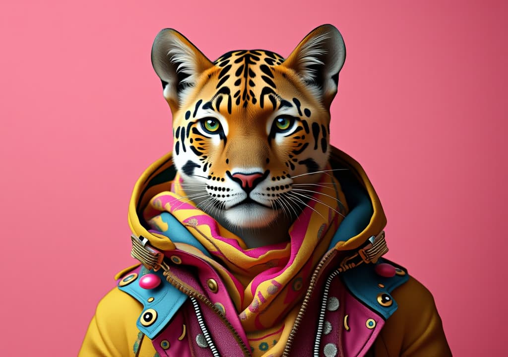  elegant panter wearing colorful clothes on a pink background,, high quality, high details, hd, perfect composition, 4k epic detailed, highly detailed, sharp focus, high resolution