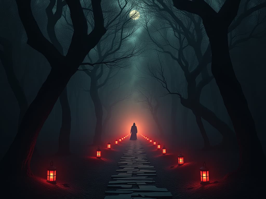  a pathway through a shadowy forest, lit by dim lanterns, leading towards a faint, distant light, mood of painful self discovery and redemption.. the style is dark fantasy and mysterious occult, symbolic, moody lighting, esoteric vibe,high detail on character design. for the color scheme emphasize blacks and reds.