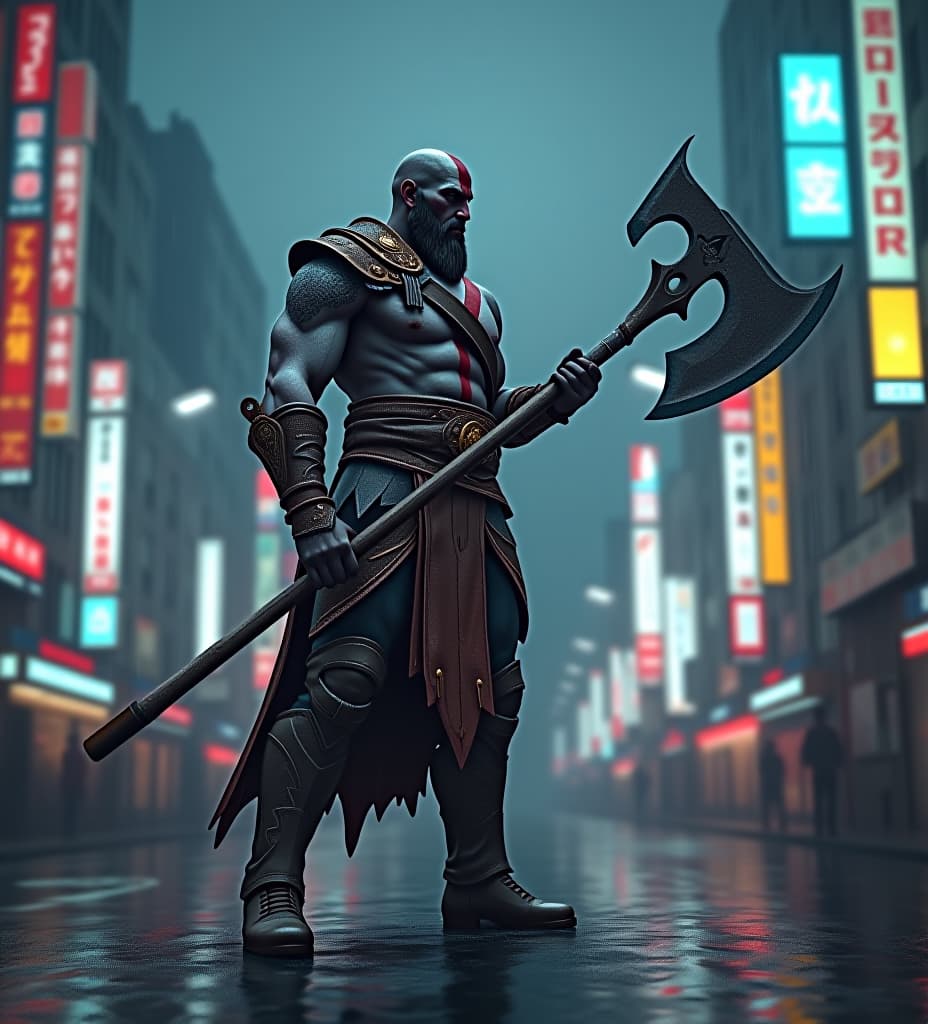  dystopian futuristic tokyo japan, raining, god of war kratos standing, whole body, wielding detailed leviathan axe from god of war ragnarok, ultra high definition