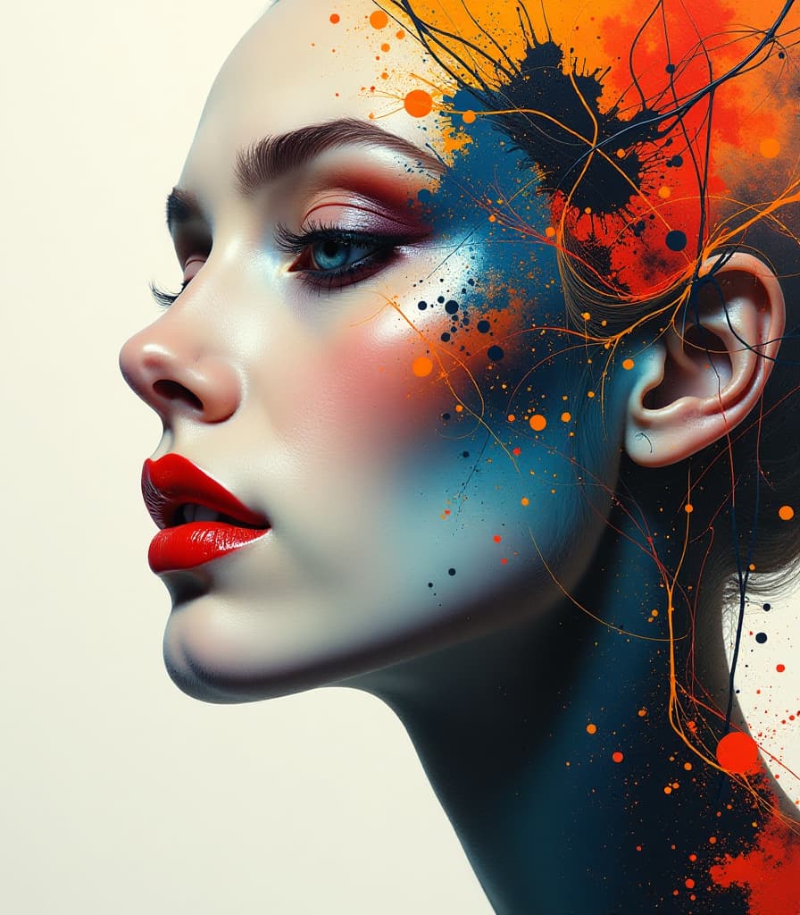  this artwork appears to blend elements of abstract expressionism with portraiture, creating a striking fusion of colors and textures (double exposure:1.2). the focal point is a highly detailed, realistic profile of a woman's face, showcasing smooth skin and finely rendered features, particularly her eye and lips, which are painted in a vibrant red. surrounding and intertwining with the face are abstract, splattered patterns of bold, dynamic colors like orange, blue, yellow, and black. these colors seem to fracture and bleed into each other, creating a sense of movement and energy. the abstract elements give the impression of the face being either formed from or breaking apart into these vibrant streaks and splatters. the background is prima