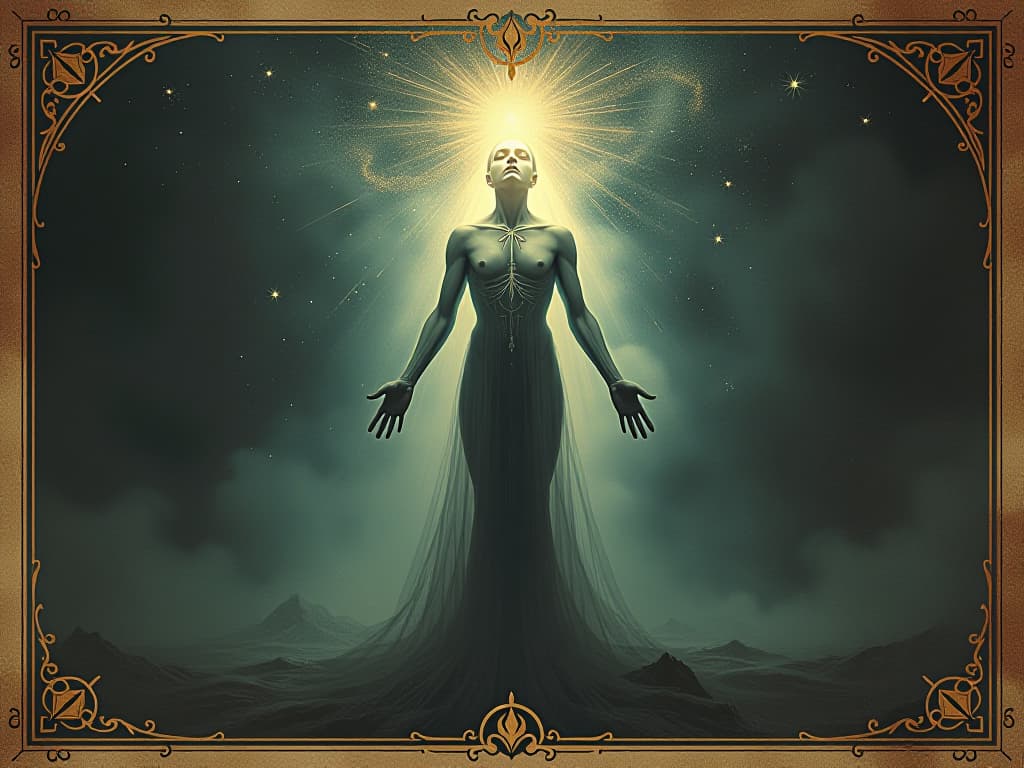  body merging with higher realms, figure partially transparent, luminous sparkles around, mystical, transcendent an illustration in the style of a worn, mystical old tarot trump card, mysterious and elements of surrealism. the colors are muted, somber and eerie, but with contrast bring out an occult and esoteric vibe.