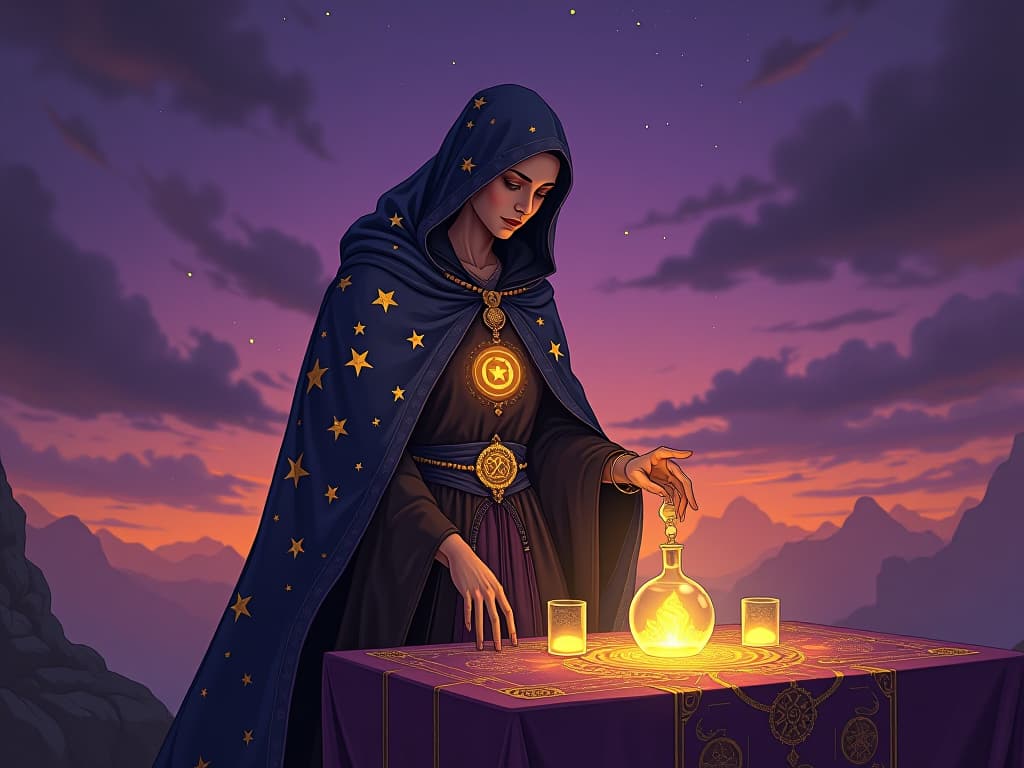  alchemical mystic wearing a cloak of stars, standing by a table filled with ancient, glowing symbols, the background a twilight sky tinged with hues of purple and gold, representing spiritual alchemy and understanding negativity.. the style is digital art illustration,highly detailed, whimsical,magical, dreamlike atmosphere, realism and fantasy blend, smooth, glossy textures,luminous quality, wonder and enchantment.