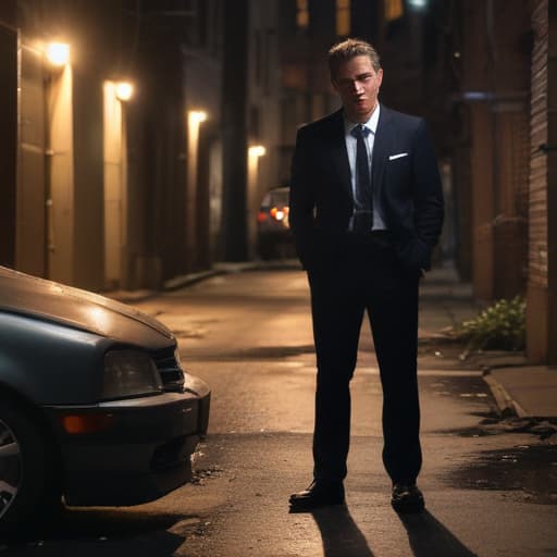 A photo of a man in a tailored suit confidently surveying the aftermath of a car accident in a dimly lit urban alleyway during early evening.