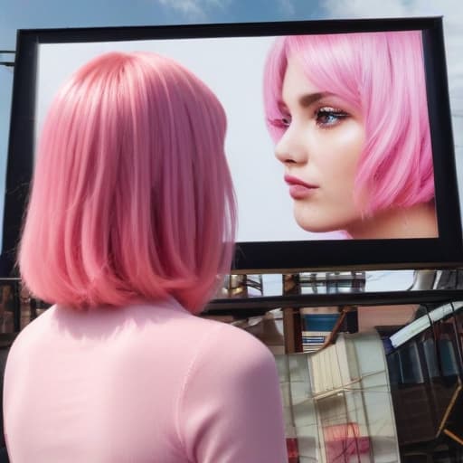 a lady with pink middle length hair stand on the rooftop looking at a picture of transgender lady that looks like her on the billboard