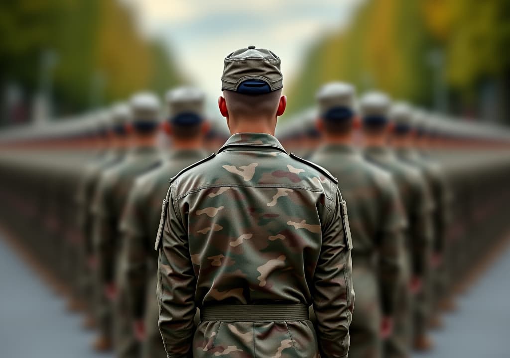  military men standing at attention in formation, back view