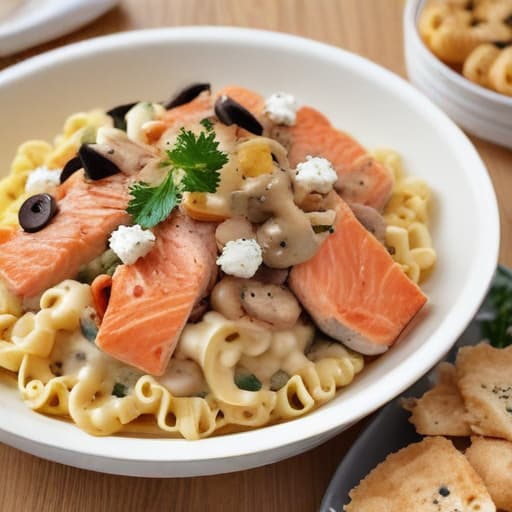 8 bit cartoon illustration of a Creamy Salmon and Mushroom Feta Pasta dish that includes ,• Leftover cooked salmon, flaked,• Mushrooms, sliced,• Feta cheese, crumbled,• Pasta,• Heavy cream,• Olive oil,• Garlic, minced,• Salt and pepper,• Fresh parsley, chopped (optional)