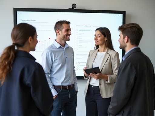  group of students talking, background with clean digital whiteboard