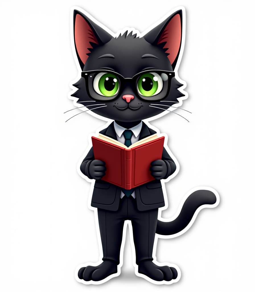  cute black cat teacher with a book in his hands, green eyes,in a formal suit and black pants, with large glasses, cartoon sticker style with clear lines on a pure white background, suitable for video games hyperrealistic, full body, detailed clothing, highly detailed, cinematic lighting, stunningly beautiful, intricate, sharp focus, f/1. 8, 85mm, (centered image composition), (professionally color graded), ((bright soft diffused light)), volumetric fog, trending on instagram, trending on tumblr, HDR 4K, 8K