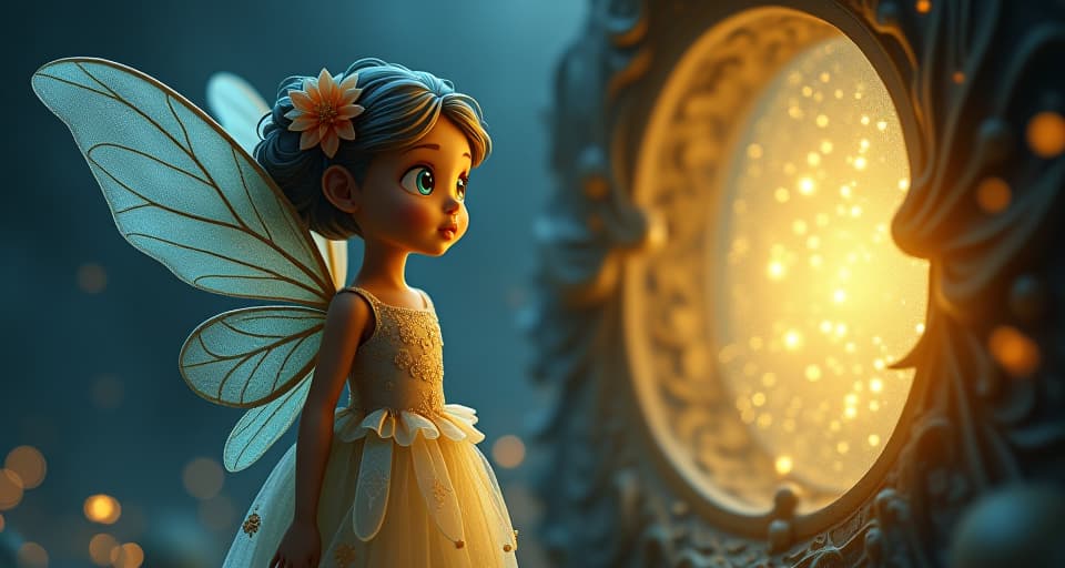  shimmering translucent fairy, large eyes reflecting starlight, intricate floral patterns on dress, standing beside a glowing portal, layers of reality evident. the style is digital art illustration,highly detailed, whimsical,magical, dreamlike atmosphere, realism and fantasy blend, smooth, glossy textures,luminous quality, wonder and enchantment.