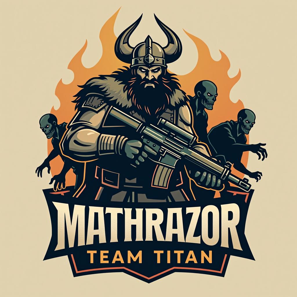  design a logo, a viking with a black beard dressed as a soldier with a machine gun and zombies behind him, with the text 'mathrazor team titan '.