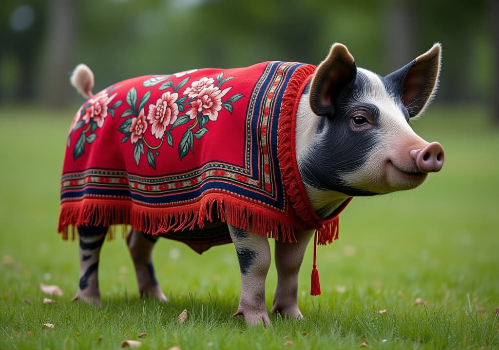  pig adorned in colorful traditional textile standing on grass in a serene outdoor setting