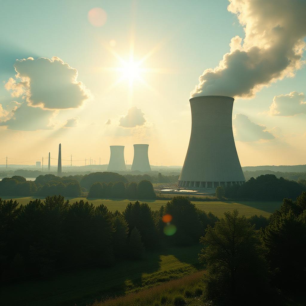  cinematic photo a bright sunny day with a huge nuclear power plant silhouette. aerial shot from the distance . 35mm photograph, film, bokeh, professional, 4k, highly detailed