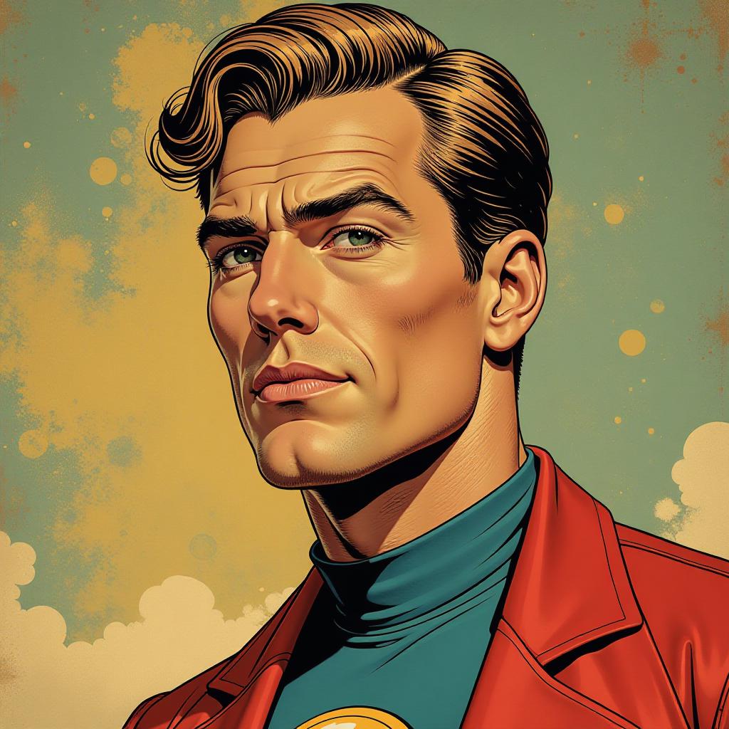  retro futuristic a superhero man with short hair . vintage sci fi, 50s and 60s style, atomic age, vibrant, highly detailed