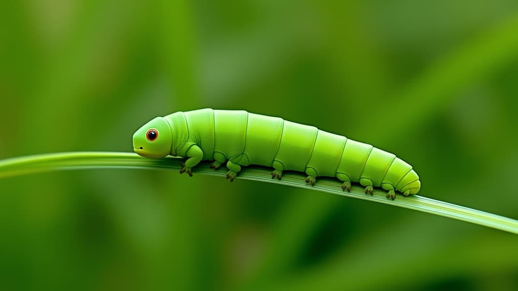  vibrant green caterpillar crawling along a lush plant stem in a beautiful garden