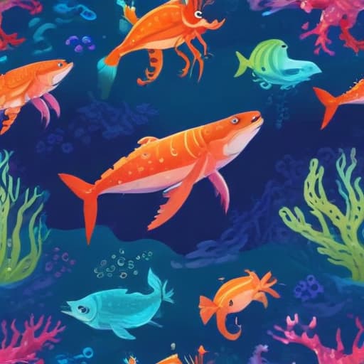 Sea creatures with beautiful colors with Oceans background