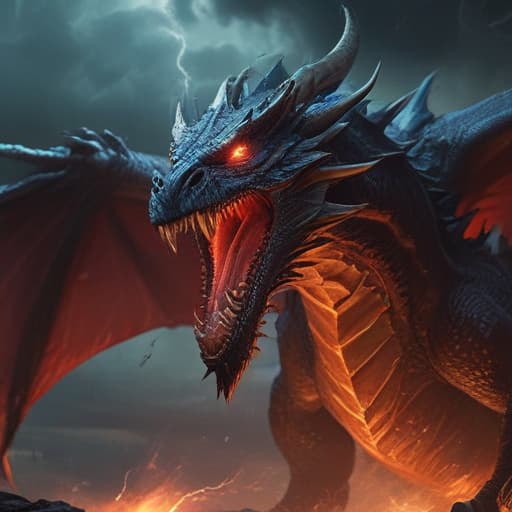 Create a stunning digital art piece of RAGEFUL-EYES VENGEANCE DRAGON, a magnificent dragon with dark scales and glowing red eyes. The dragon is surrounded by a storm of swirling energy, crackling with power. In the background, the sky is filled with ominous clouds and lightning. The dragon's wings are spread wide, ready to unleash its wrath. The scene is dramatic and intense, capturing the dragon's unstoppable power and fury. The art style is detailed and dynamic, with a focus on dramatic lighting and dynamic composition. fantastical creatures or characters inspired by mythology, folklore, or popular culture. use vibrant colors, sharp lines, intricate details, dynamic poses, dramatic lighting, atmospheric backgrounds, and blend anime, manga