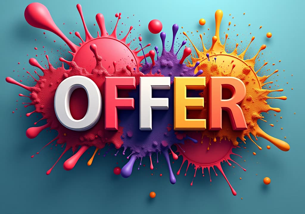  offer sale banner template design, offer word in 3d letters on colorful background with paint splashes explosion .