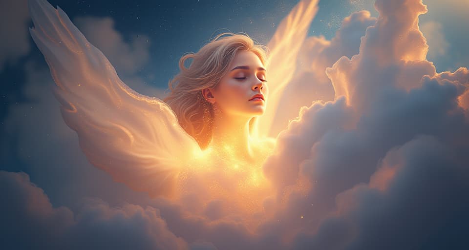  ethereal being, floating amidst a celestial background, glowing with soft light, eyes closed, serene expression, gentle luminescence, unseen but present protection, soft ethereal glow, mystical atmosphere, calm and protective energy. the style is digital art illustration,highly detailed, whimsical,magical, dreamlike atmosphere, realism and fantasy blend, smooth, glossy textures,luminous quality, wonder and enchantment.