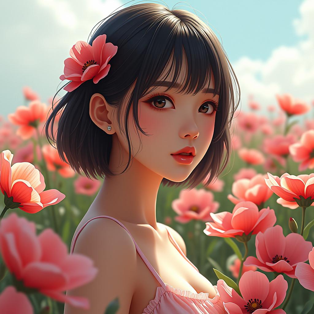  a field of blooming flowers., anime, realistic shaded perfect face, fine details. anime. realistic shaded lighting by ilya kuvshinov krenz cushart katsuhiro otomo, magali villeneuve, artgerm, rutkowski jeremy lipkin and giuseppe dangelico pino and michael garmash and rob rey hyperrealistic, full body, detailed clothing, highly detailed, cinematic lighting, stunningly beautiful, intricate, sharp focus, f/1. 8, 85mm, (centered image composition), (professionally color graded), ((bright soft diffused light)), volumetric fog, trending on instagram, trending on tumblr, HDR 4K, 8K